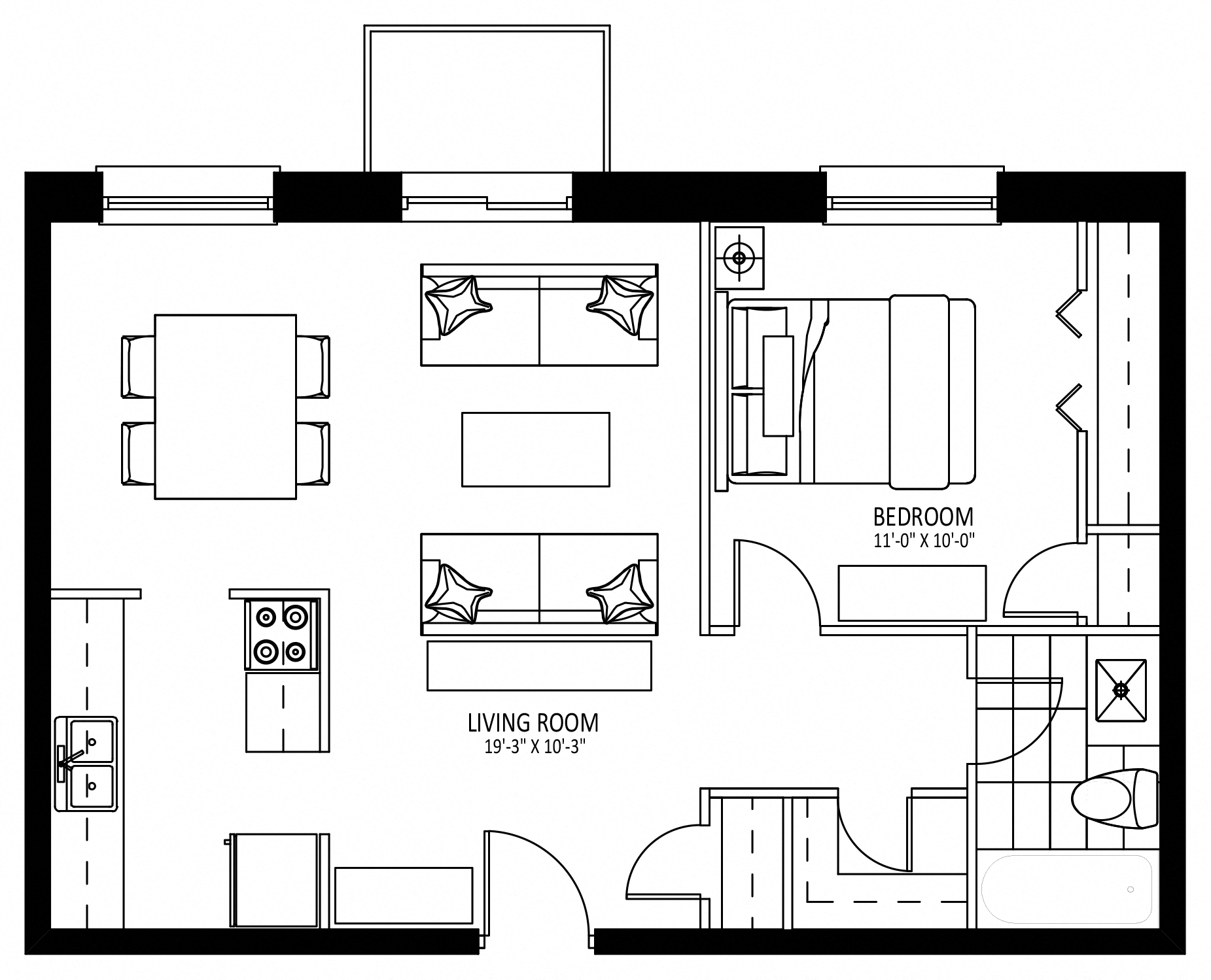Floor plan for 1 bed, 1 bath, 611 sqft